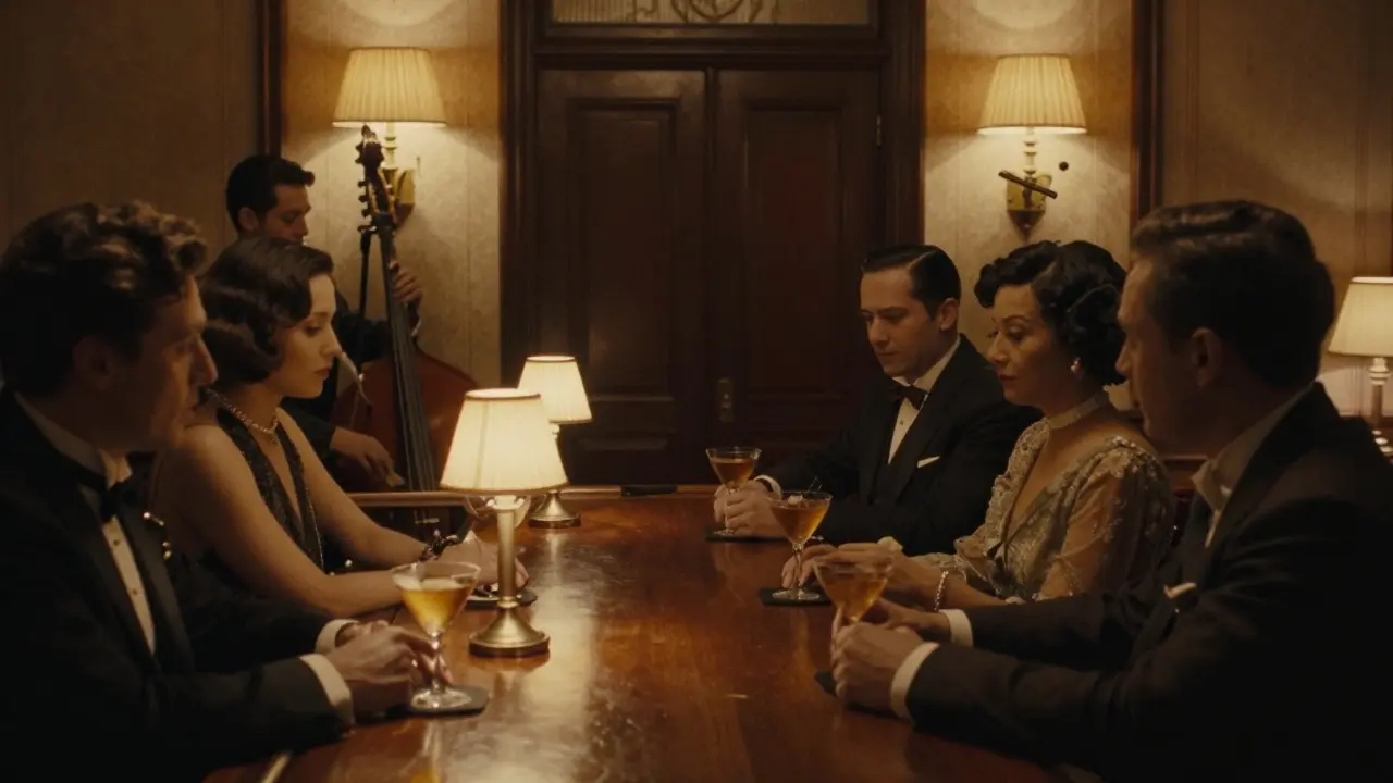 A couple sits at a dimly lit bar in a luxury hotel, listening to live jazz with no phones visible, evoking 1920s Parisian elegance.