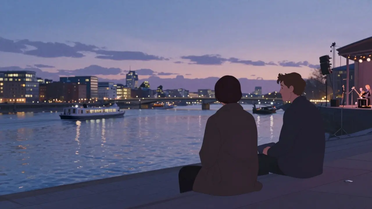 A couple sitting on Southbank Centre steps at twilight, watching the Thames reflect city lights in peaceful silence.