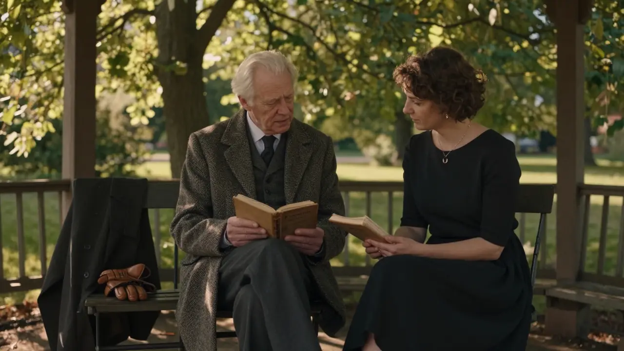 A diplomat listens as a woman reads poetry aloud in a peaceful Berlin garden pavilion at sunset.