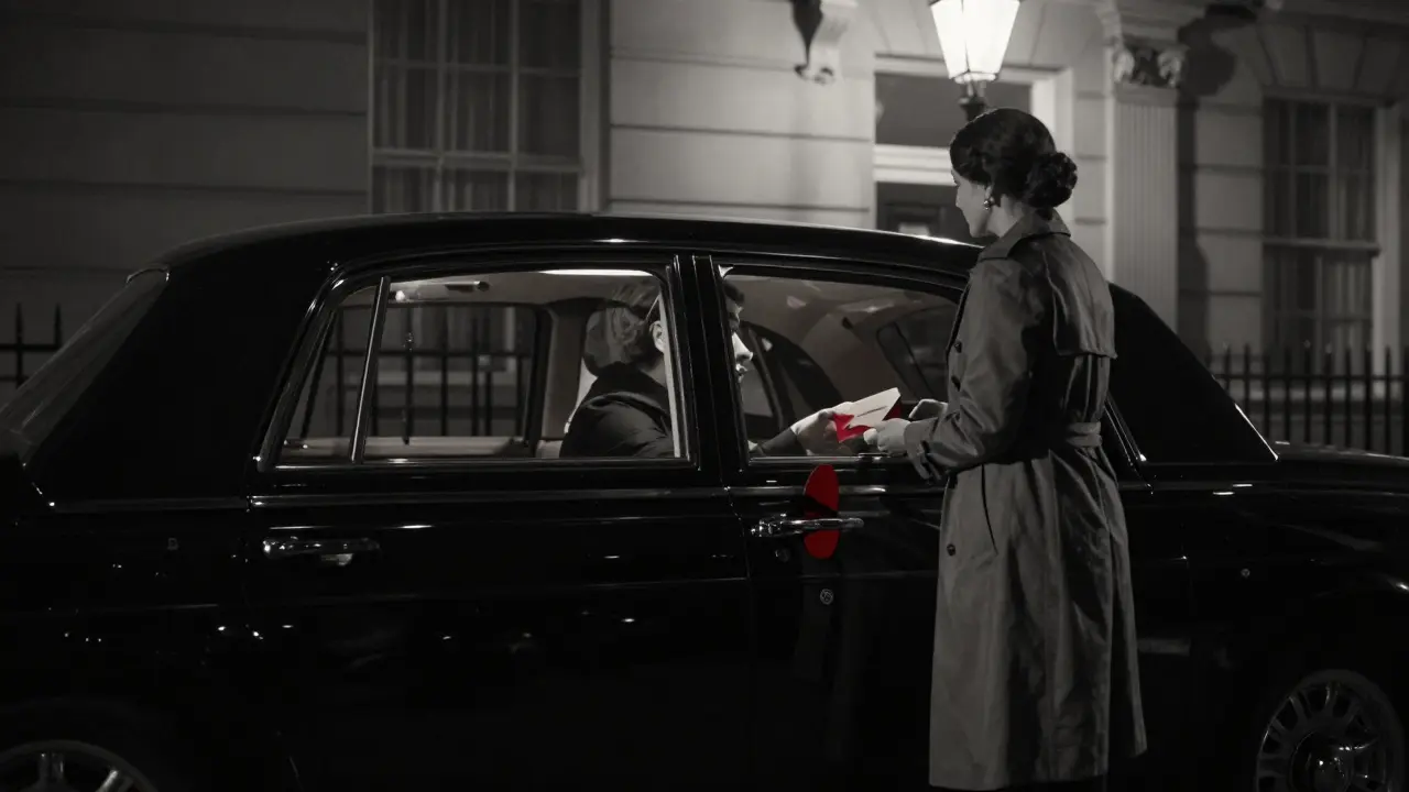 A discreet nighttime transfer in Belgravia, with a silhouette handing an envelope from a luxury car, emphasizing privacy and elegance.