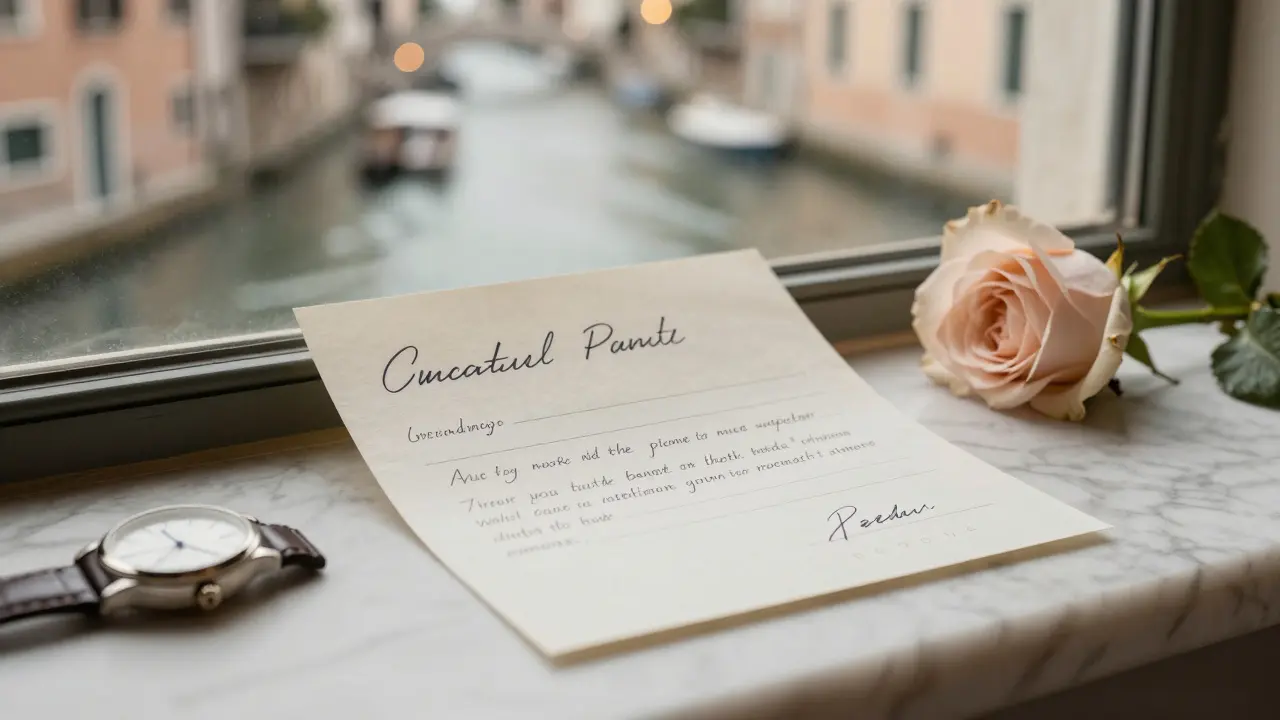 A handwritten confirmation note with a rose and vintage watch on a marble windowsill overlooking Milan's Navigli canal.