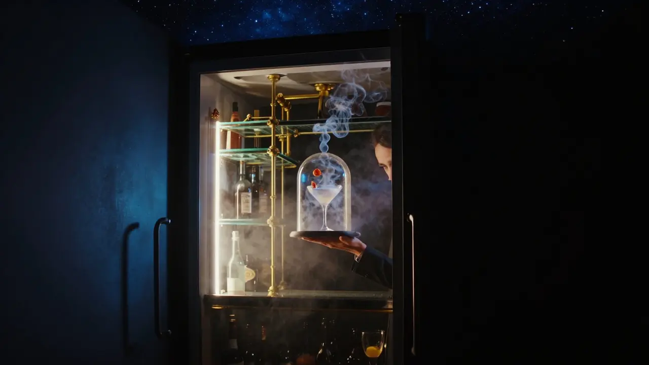 A hidden cocktail bar with glowing shelves and a starry ceiling, as a bartender lifts a smoky glass dome.