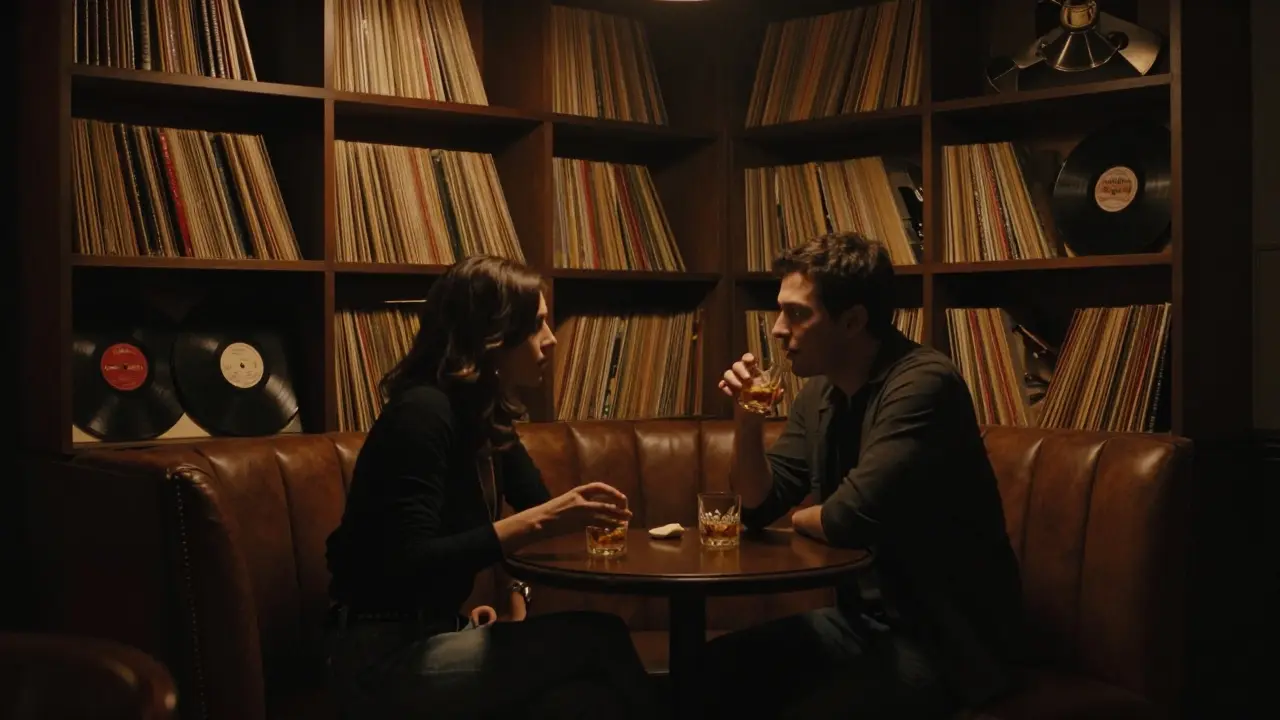 A hidden speakeasy in Brera with dim lighting, leather booths, and vinyl records in quiet conversation.