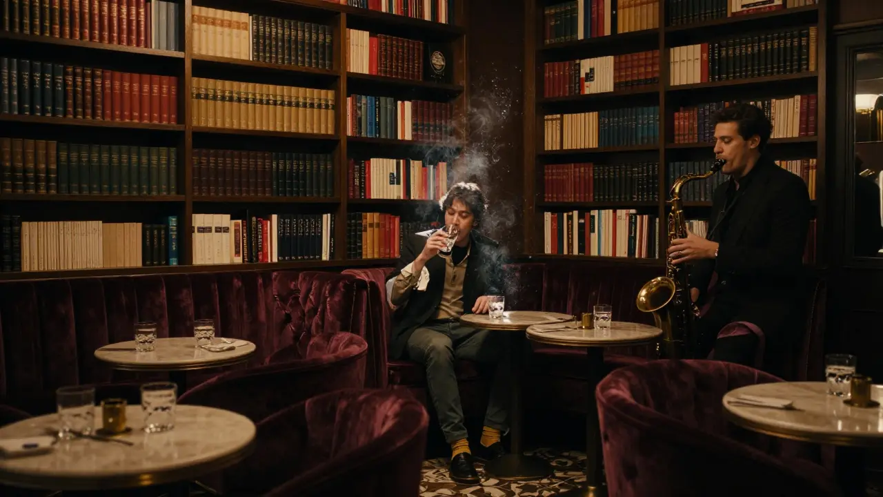 A lone figure enjoys a private moment in a velvet-lined lounge, jazz music floating softly in the air, books surrounding the space.