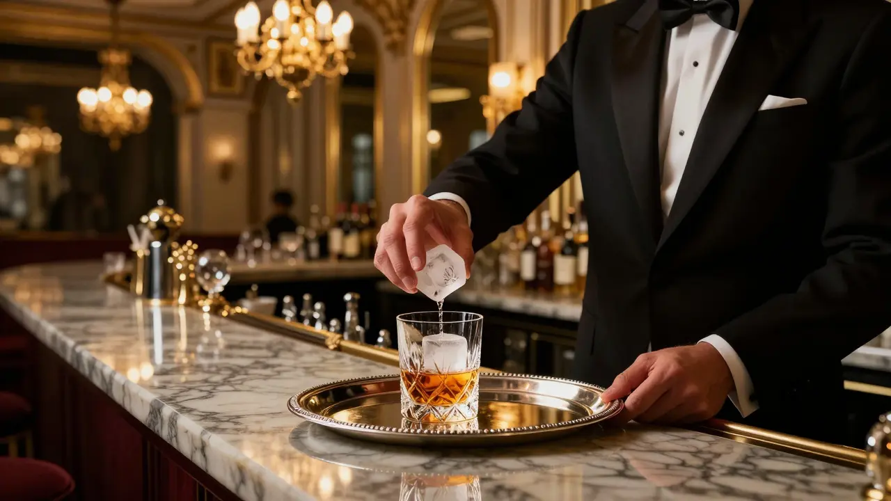 A luxurious bar at the Ritz Paris with a tuxedoed bartender serving a drink on a silver tray under golden chandeliers.