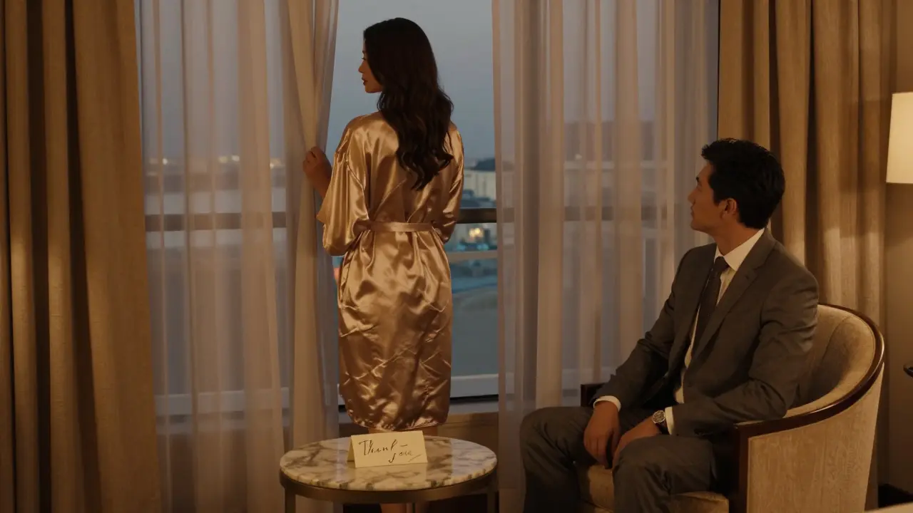 A luxurious hotel suite with elegant details, conveying discretion and emotional depth without showing faces.