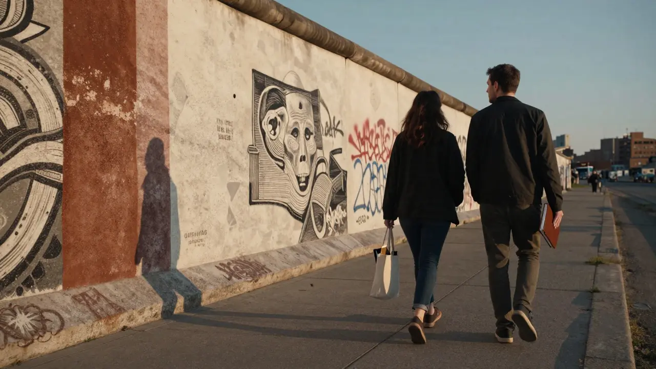 A man and woman walking side by side along the East Side Gallery, gazing at graffiti murals.
