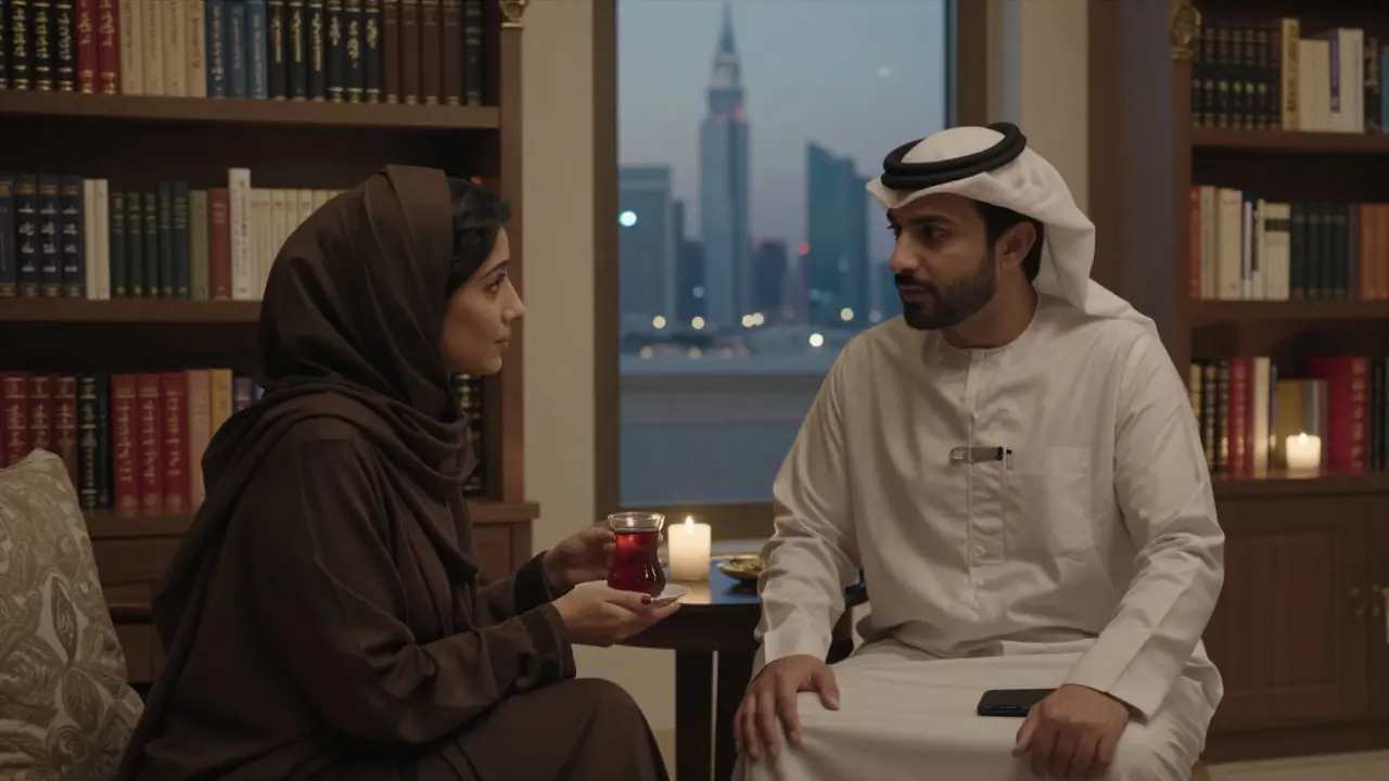 A man listening intently to a woman over tea in a luxury Abu Dhabi room, bookshelves behind them, candlelight, phone out of sight.