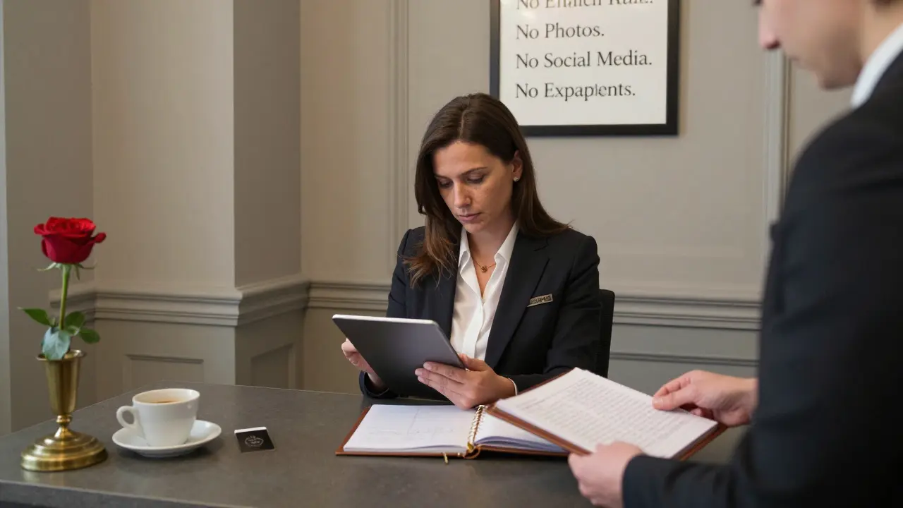 A professional concierge team in a discreet Berlin office reviews client profiles with strict confidentiality rules on the wall.