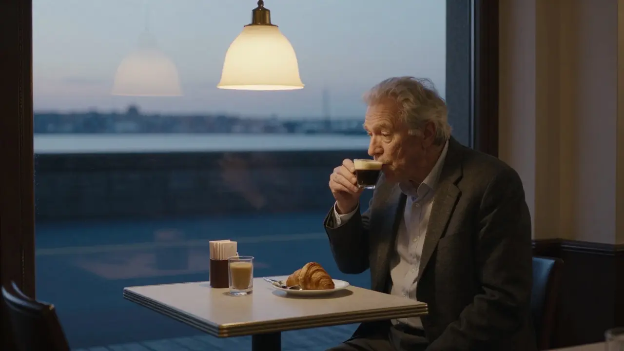 A quiet café at dawn with one man drinking espresso, calm harbor light creeping in through the window.