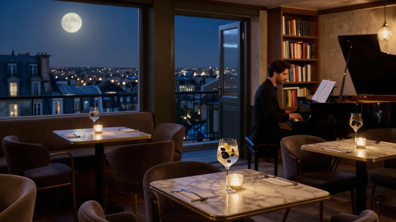 A quiet private lounge above a Paris rooftop, with a pianist playing softly and a city skyline visible through windows.