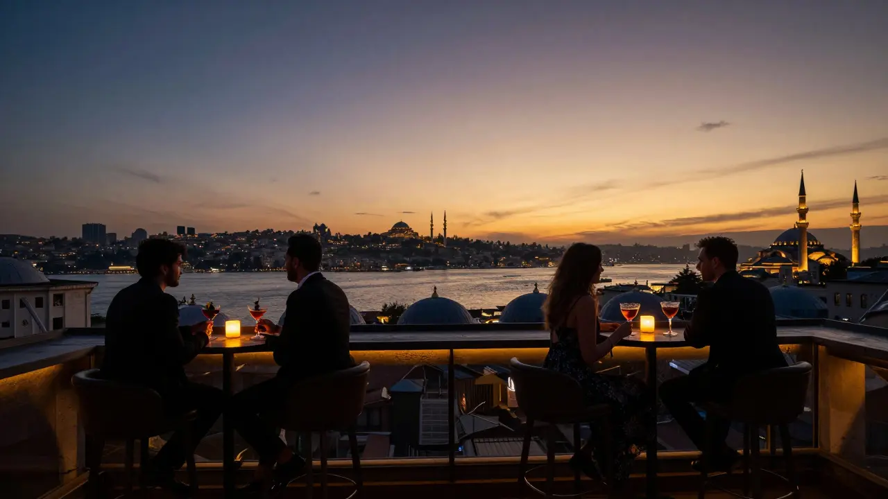 A rooftop bar overlooking the Bosphorus at dusk, with silhouetted guests sipping cocktails against a glowing skyline.
