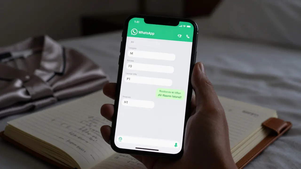 A smartphone screen displays a private WhatsApp message with a calendar confirmation for a discreet meeting.