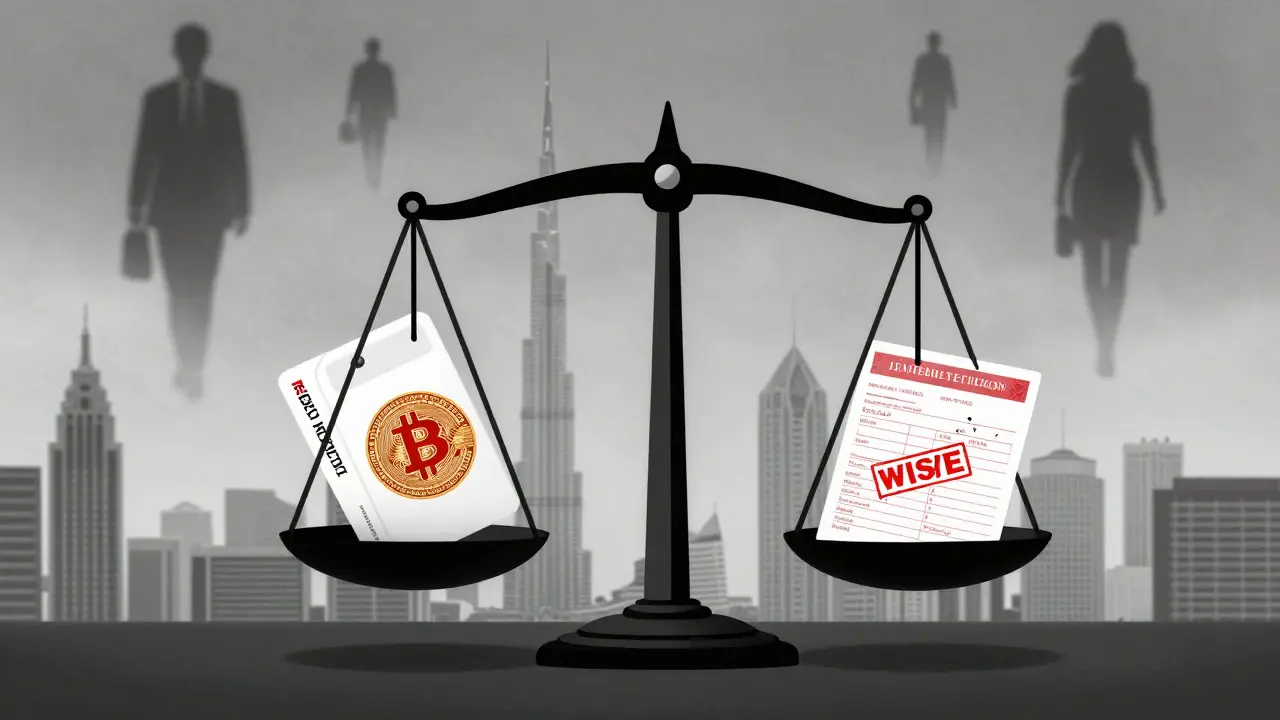 A symbolic scale balancing luxury and legal consequence over Dubai's skyline, with shadowy figures vanishing into fog.