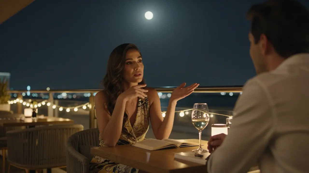 A thoughtful moment at a rooftop bar in Abu Dhabi with soft city lights in the background.