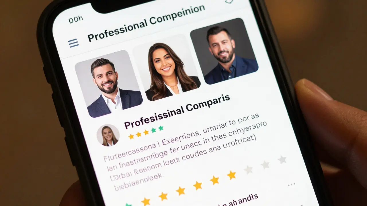 A verified companion profile on a trusted platform showing detailed bio, photos, and verification badges.