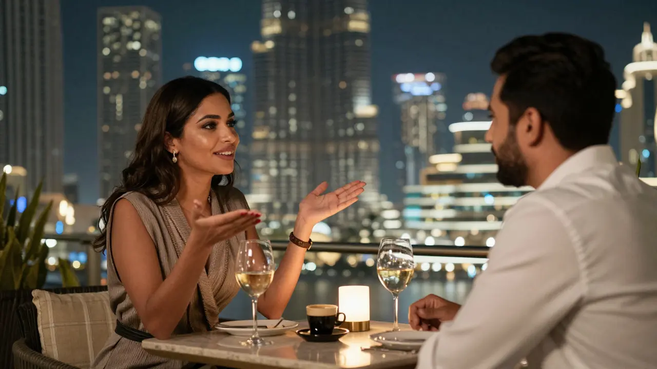 A woman and man at a Dubai rooftop bar at night, talking warmly with the Burj Khalifa glowing in the background.