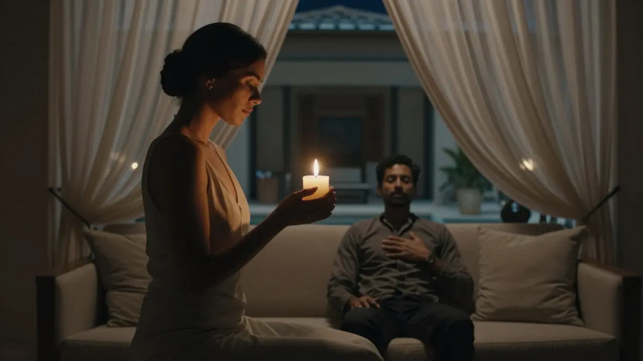 A woman lights a candle in a luxurious villa, warm light illuminating a man at peace in the shadows.