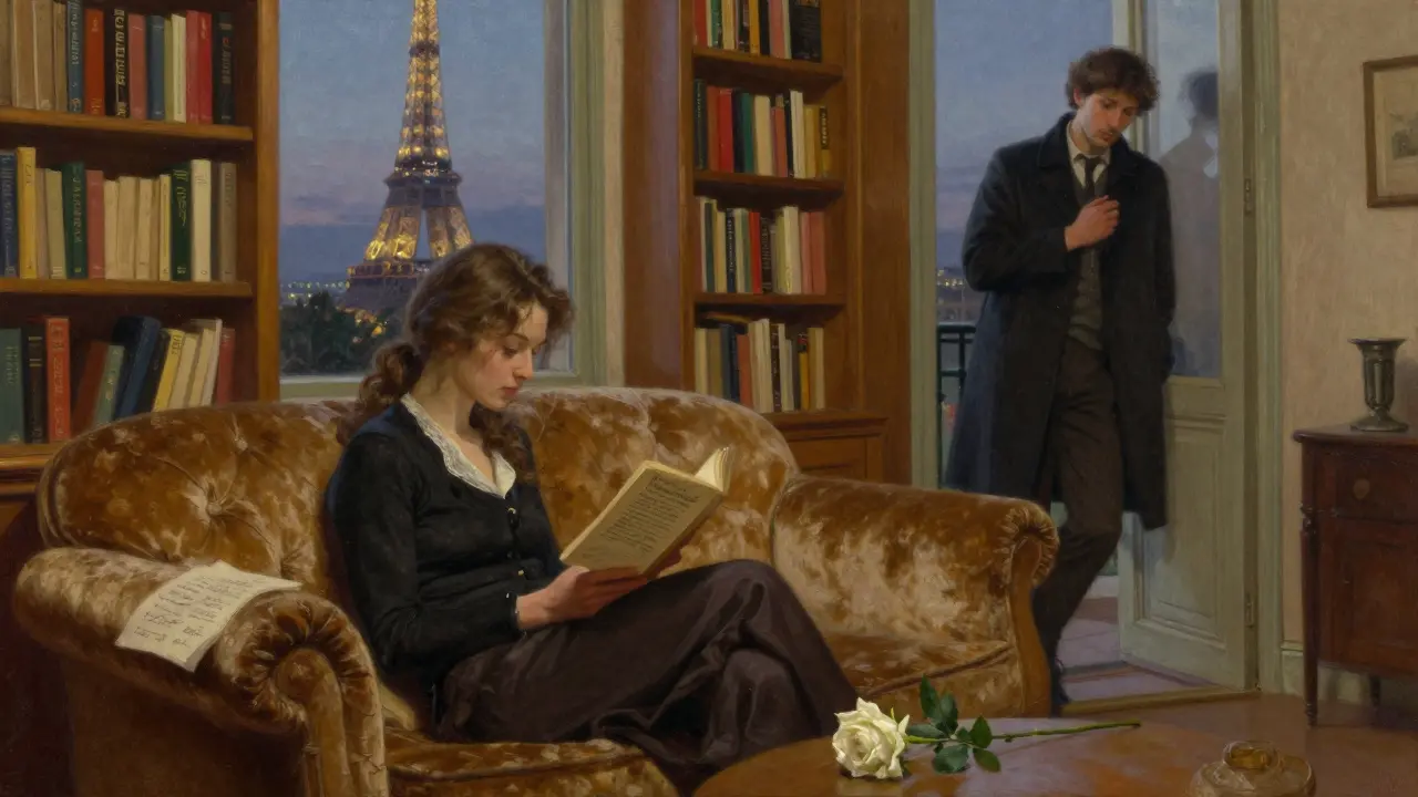 A woman reading poetry in a cozy Montmartre apartment, a single rose and note beside her.