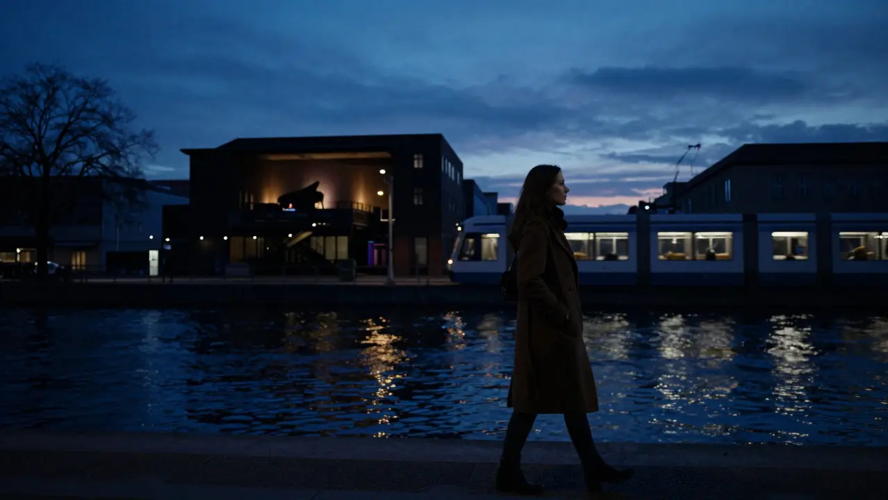 A woman walks along the Spree River at 3 a.m., embodying Berlin’s calm, reflective midnight rhythm.