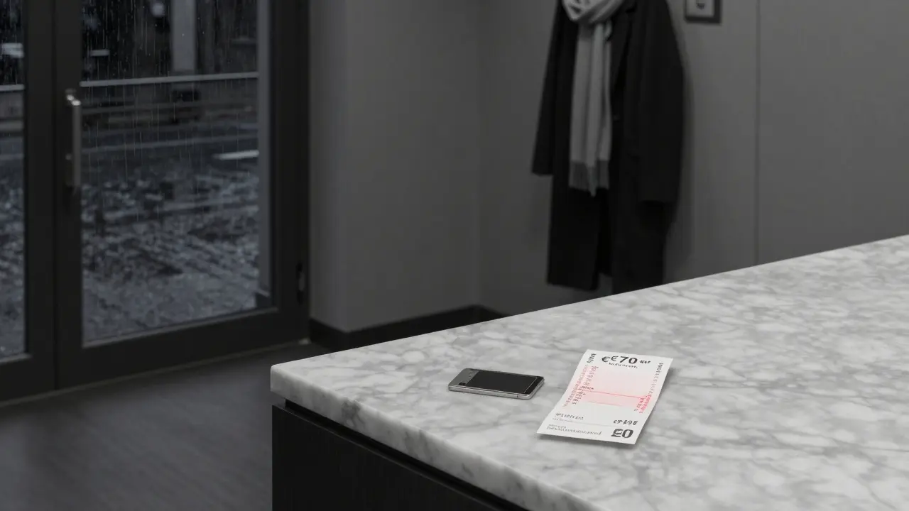 An empty hotel lobby with a keycard and receipt on the counter, hinting at a recent meeting.