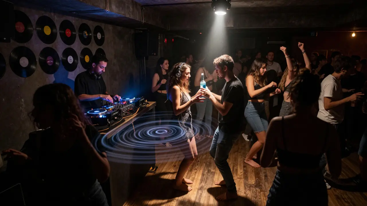 An underground club in Karaköy where strangers dance together to fusion music, sharing a bottle under dim lights.