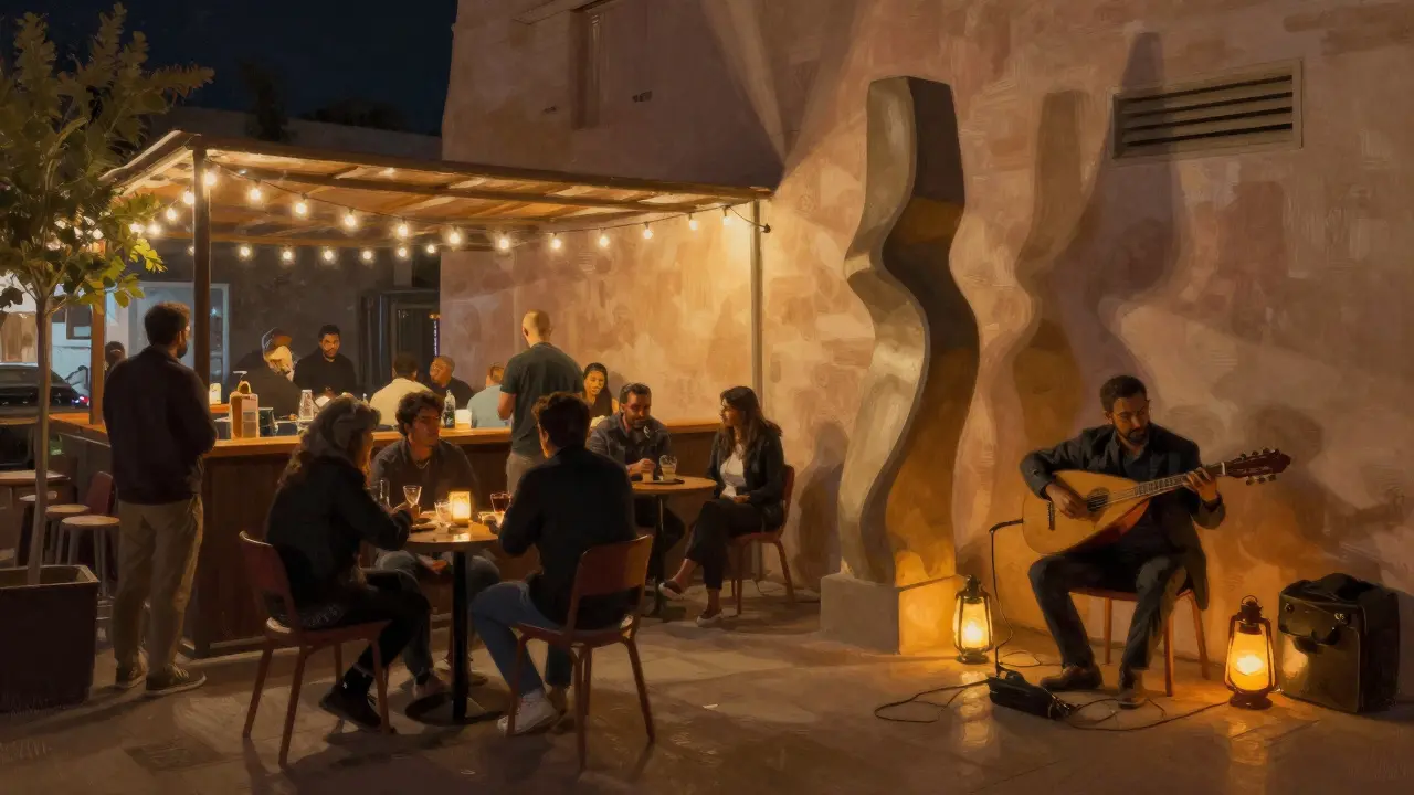 Artistic alleyway at Alserkal Avenue at night, locals enjoying live music and pop-up bar under string lights.