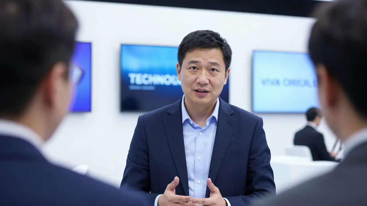 Business companion and client discussing tech trends at conference event.