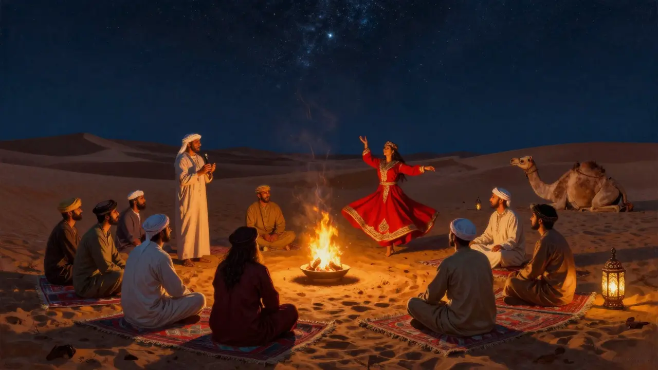 Desert camp under stars with firelight, storyteller, and traditional dancer in flowing robes.