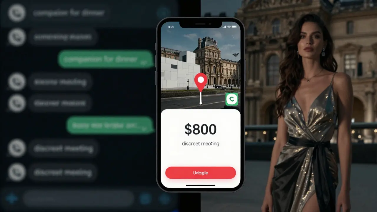 Digital traces of an illegal escort arrangement: chat messages, payment confirmation, and a staged photo overlay on a dark background.