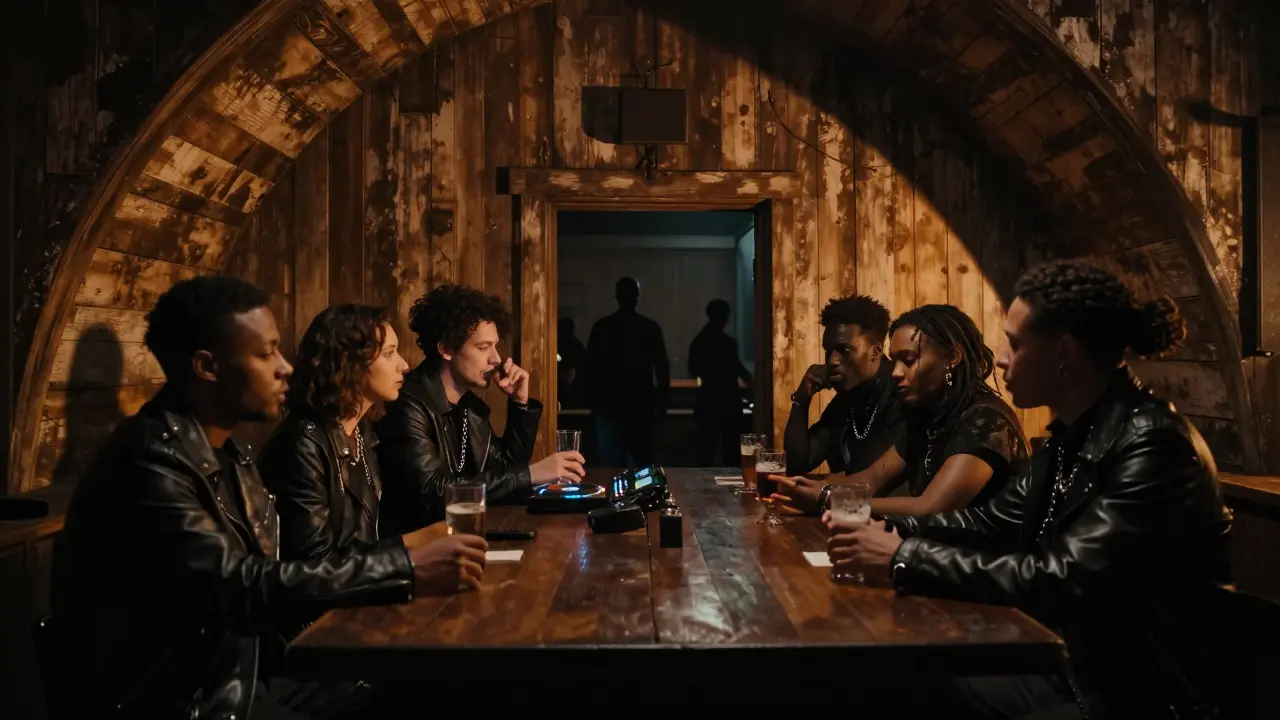 Dimly lit queer leather bar beneath a railway arch with figures in leather and chains sharing quiet moments.