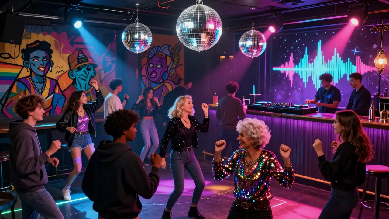 Diverse crowd dancing at G-A-Y Bar on Devonshire Square under pulsing lights and disco balls.