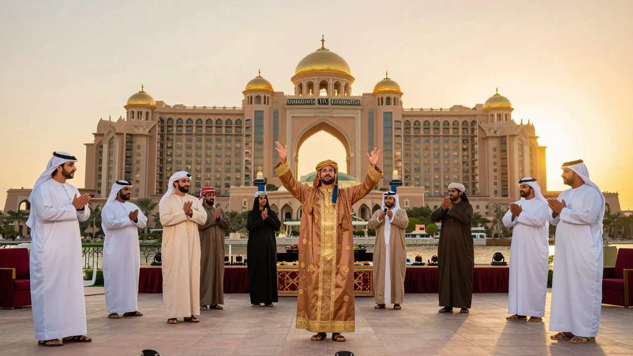 Diverse group enjoying Emirati performances at Emirates Palace Cultural Evening.