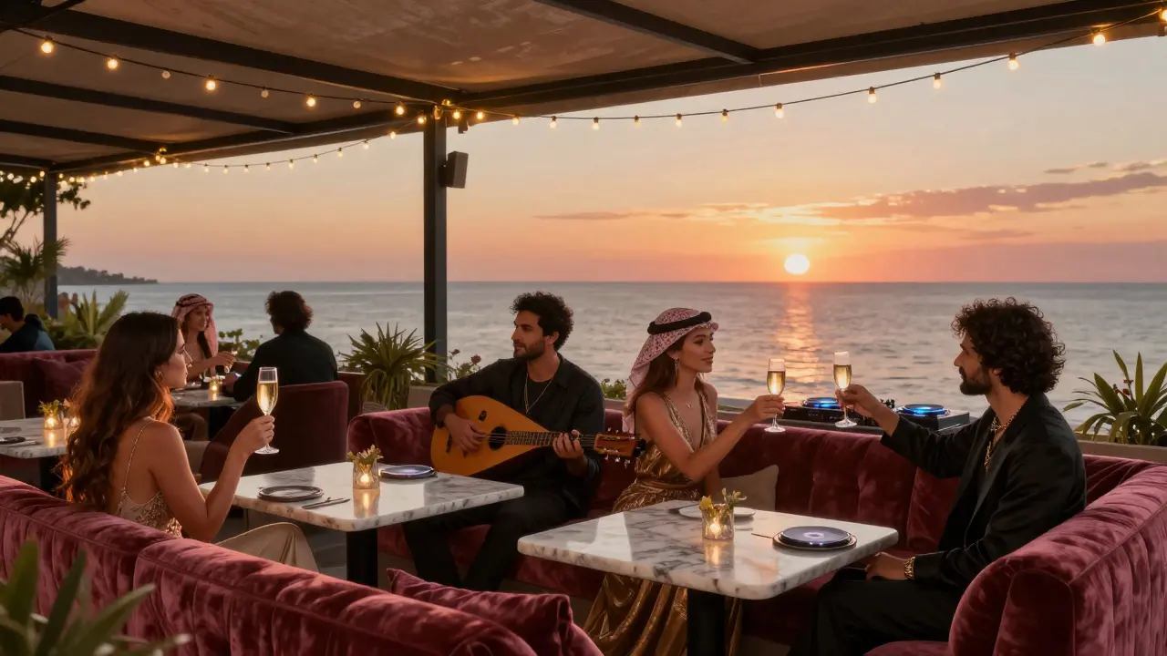 Elegant guests at Cavalli Club enjoying champagne on a terrace with views of the ocean at dusk, under string lights and ambient glow.