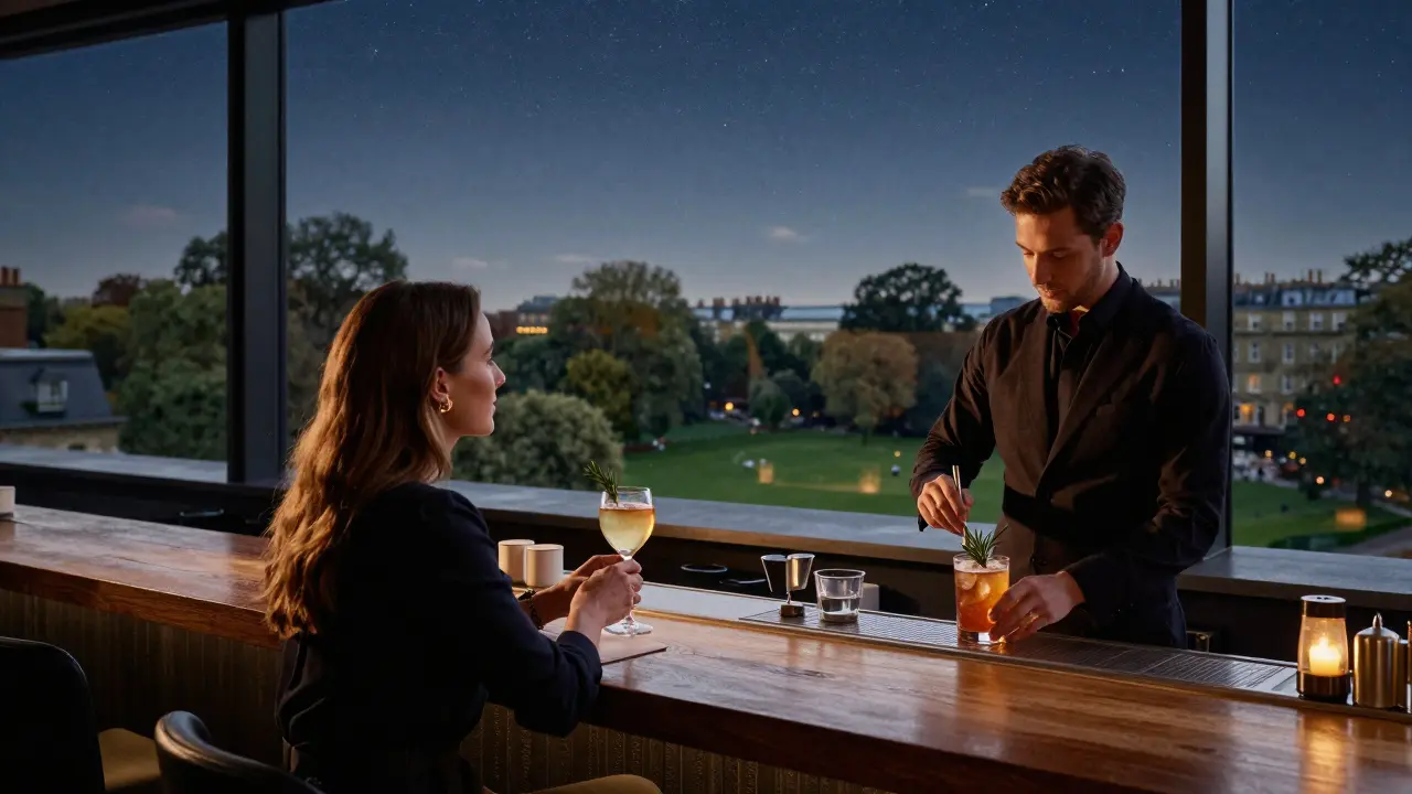 Elegant rooftop bar with panoramic views of Hyde Park at night, couple enjoying cocktails.