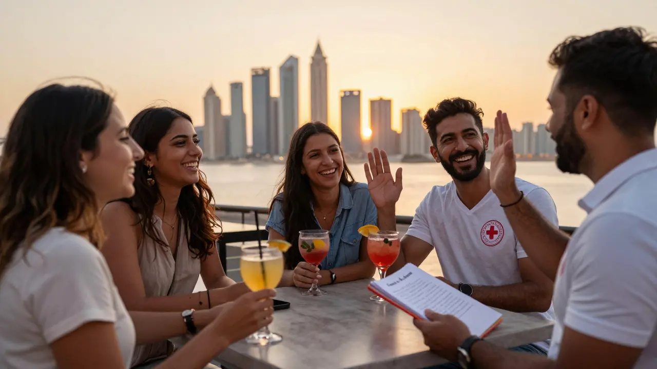 Expats laughing at a rooftop bar in Abu Dhabi at sunset, enjoying natural social connection with no financial exchange.