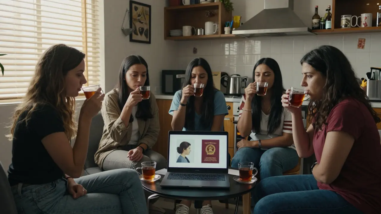 Foreign women in a modest Dubai apartment kitchen, weary but resilient, with personal items and a laptop showing profiles.