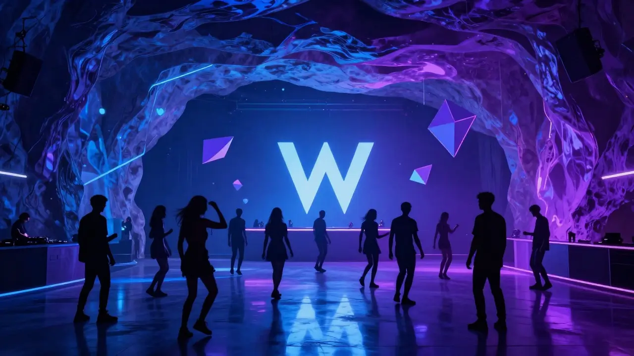 Futuristic nightclub with glowing light projections and silhouettes dancing on a dark floor.
