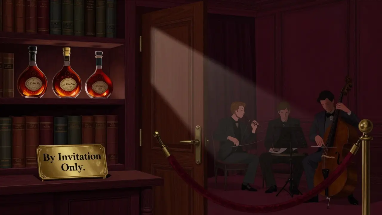 Hidden speakeasy behind a bookshelf, glowing cognac bottles and jazz trio in shadowy, velvet-toned room.
