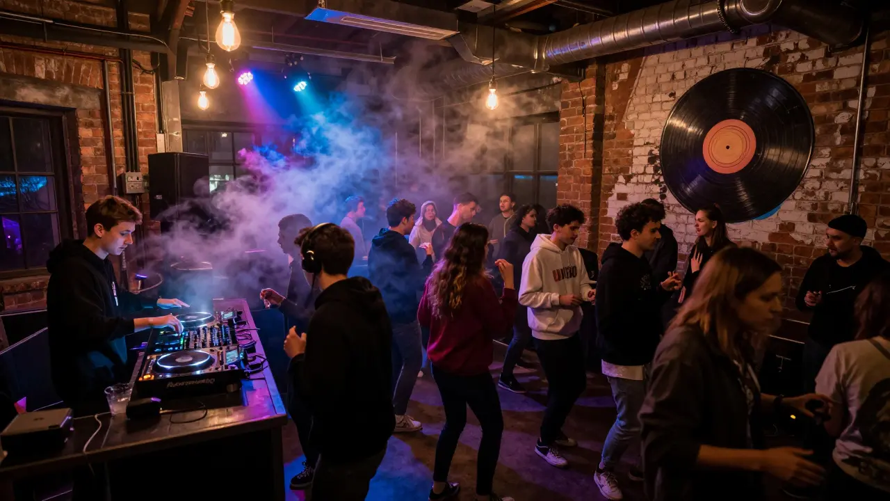 Industrial nightclub La Bovisa with crowd dancing to techno, exposed brick walls, and strobing colored lights.