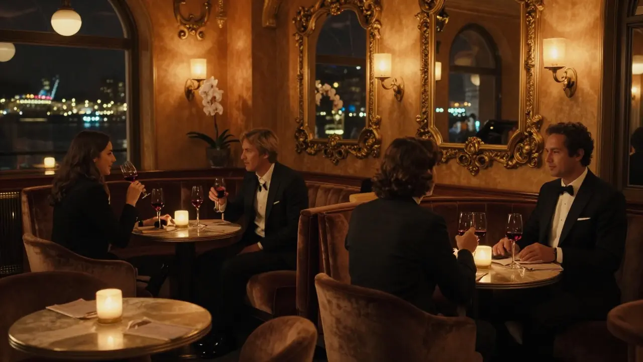 Intimate jazz lounge with a pianist playing under soft lighting, patrons in elegant attire sipping wine.