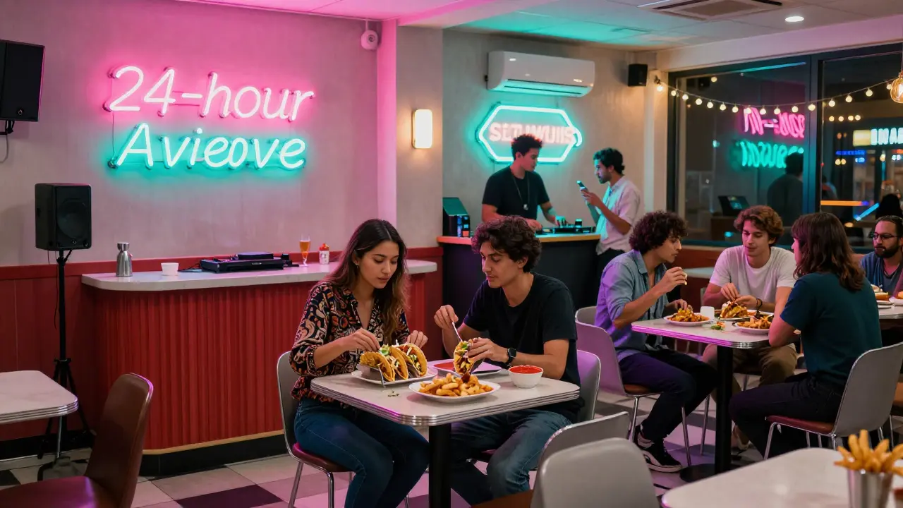 Late-night diners at a cozy urban eatery with neon lights and food tables under string lights.