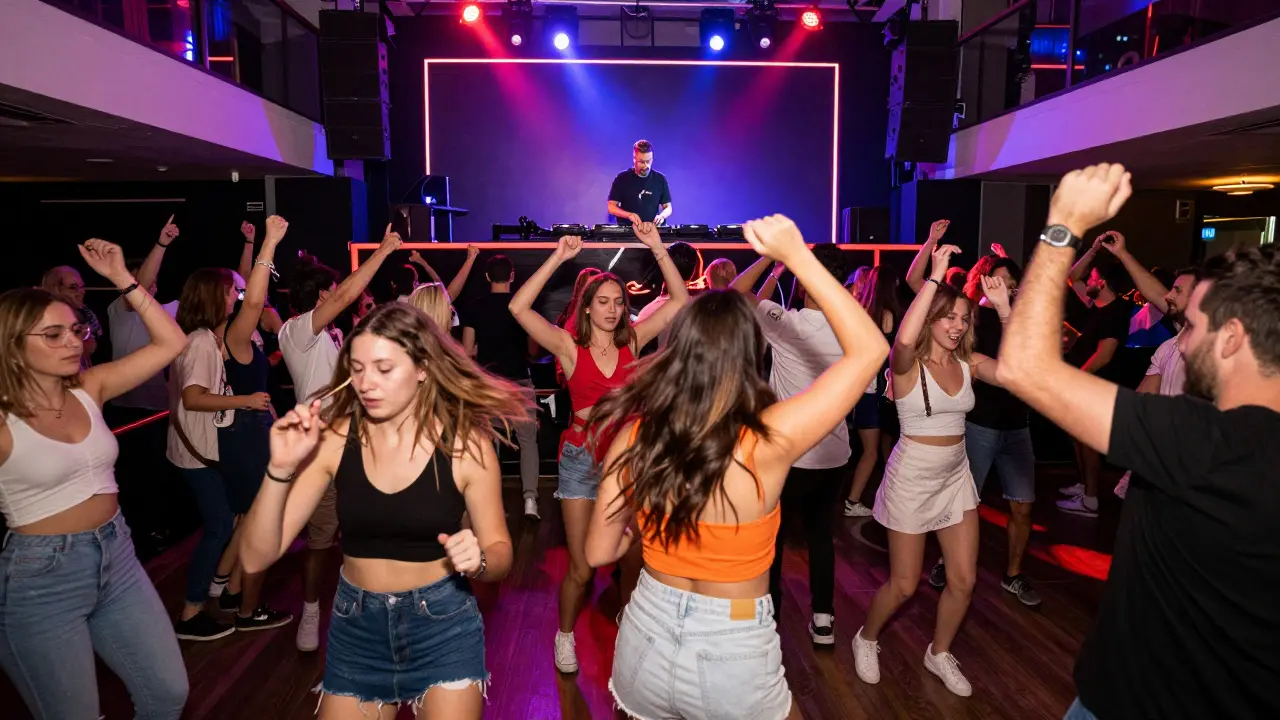 Le Sporting dance floor with EDM crowd and DJ under neon lights.