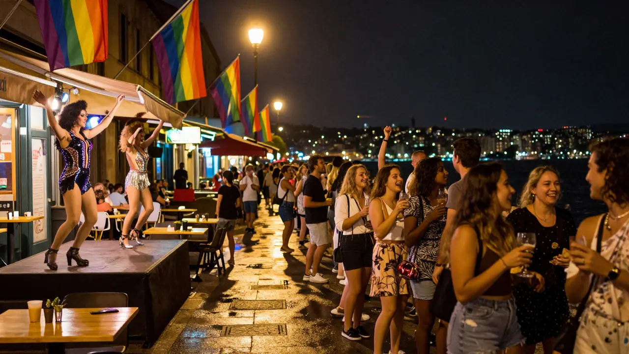 LGBTQ+ celebration in Porta Venezia with drag performers and rainbow flags under night lights.