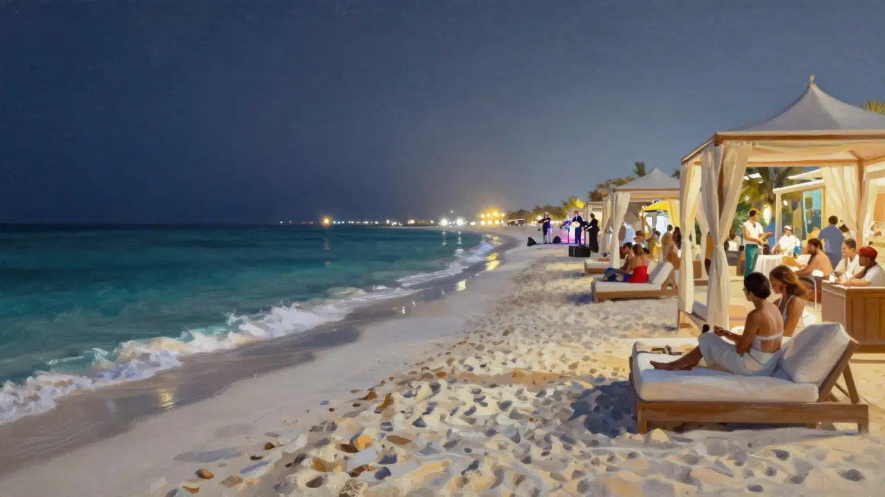 Luxury beach club at Cove Beach Dubai with private cabanas and turquoise waters.