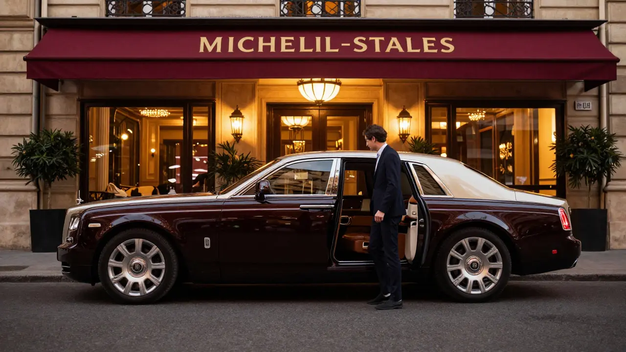 Luxury companion and client arriving at Michelin-starred restaurant in Paris.