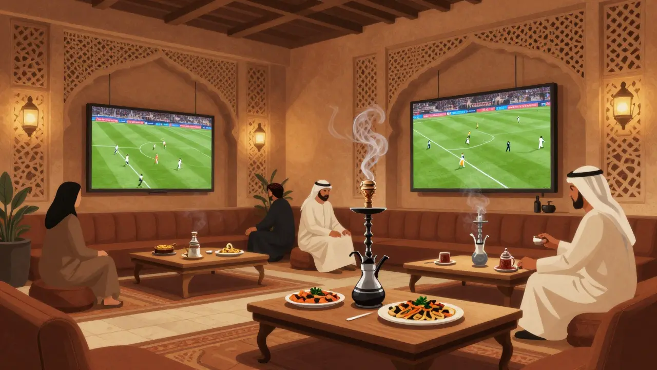 Middle Eastern-themed bar with shisha, coffee, and screens showing soccer match