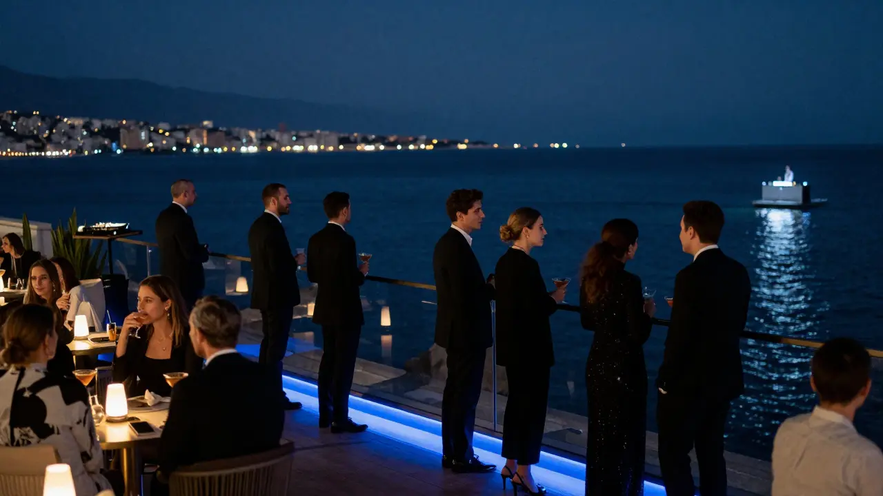 People on a rooftop lounge overlooking the Mediterranean at night, soft blue lights reflecting on dark water.