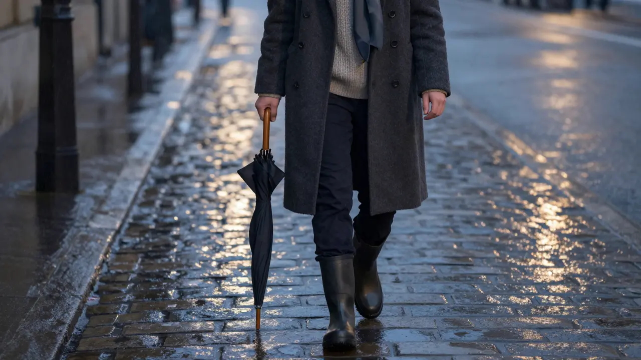 Person in winter layers walking on wet Paris cobblestones with umbrella and boots
