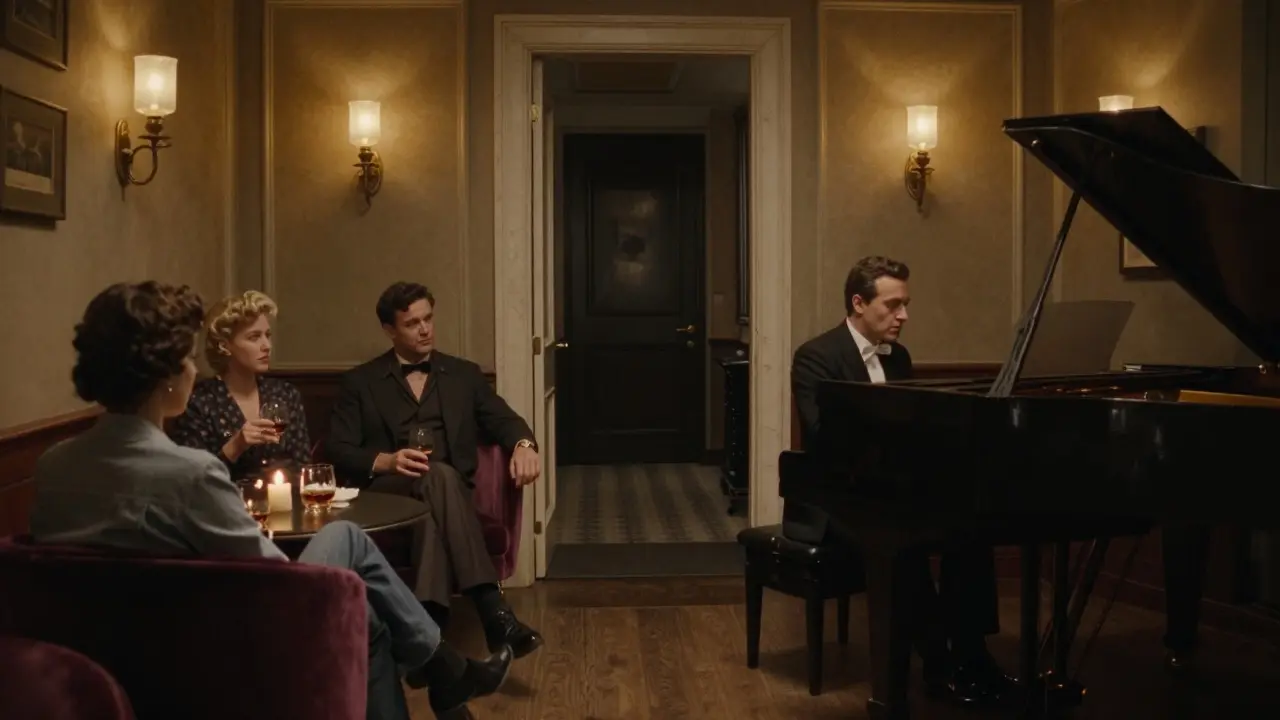 Quiet piano bar with candlelight, man playing piano, three guests in deep conversation.